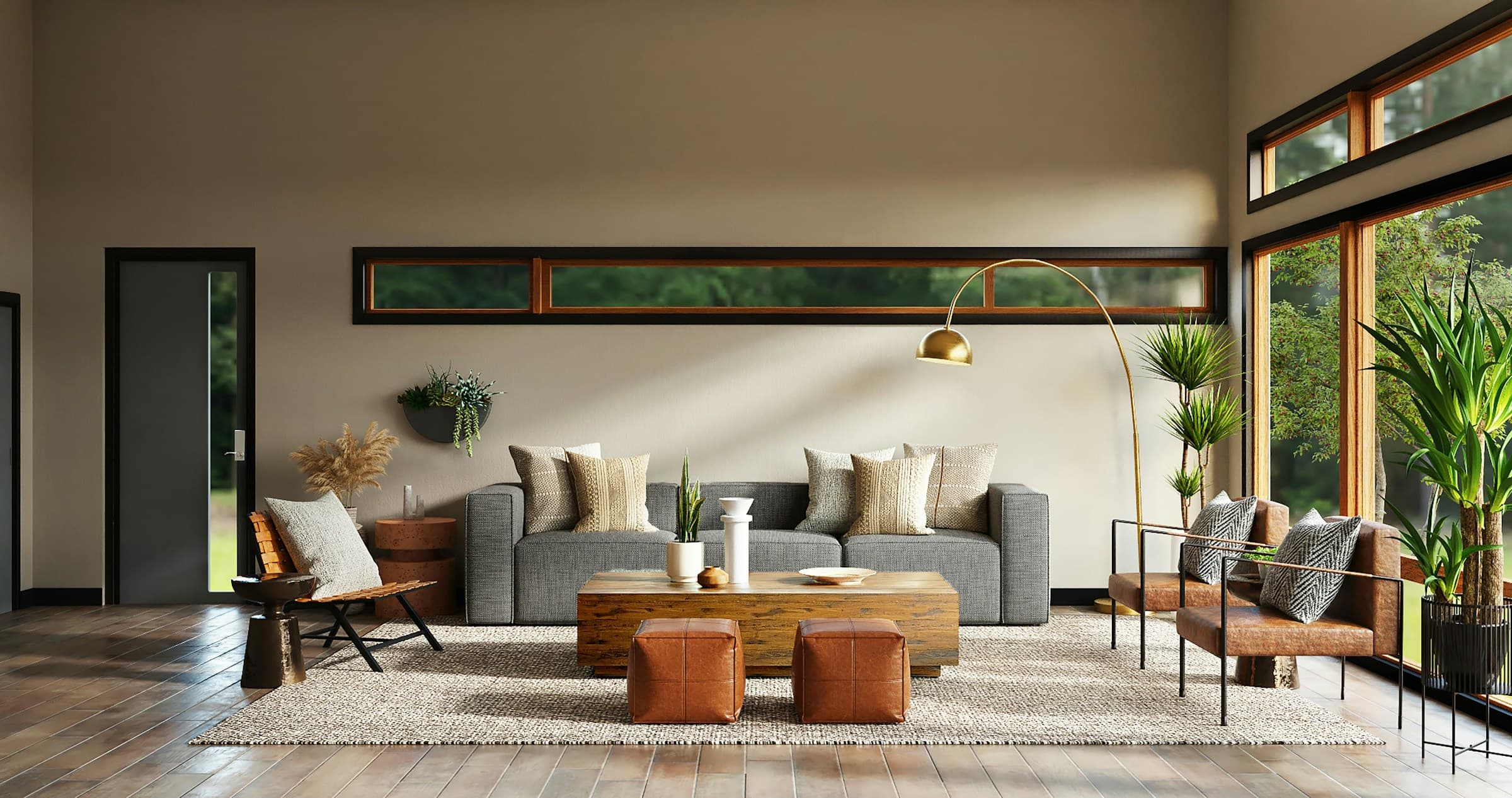 Spacious modern living room with olive sofa and wooden coffee table