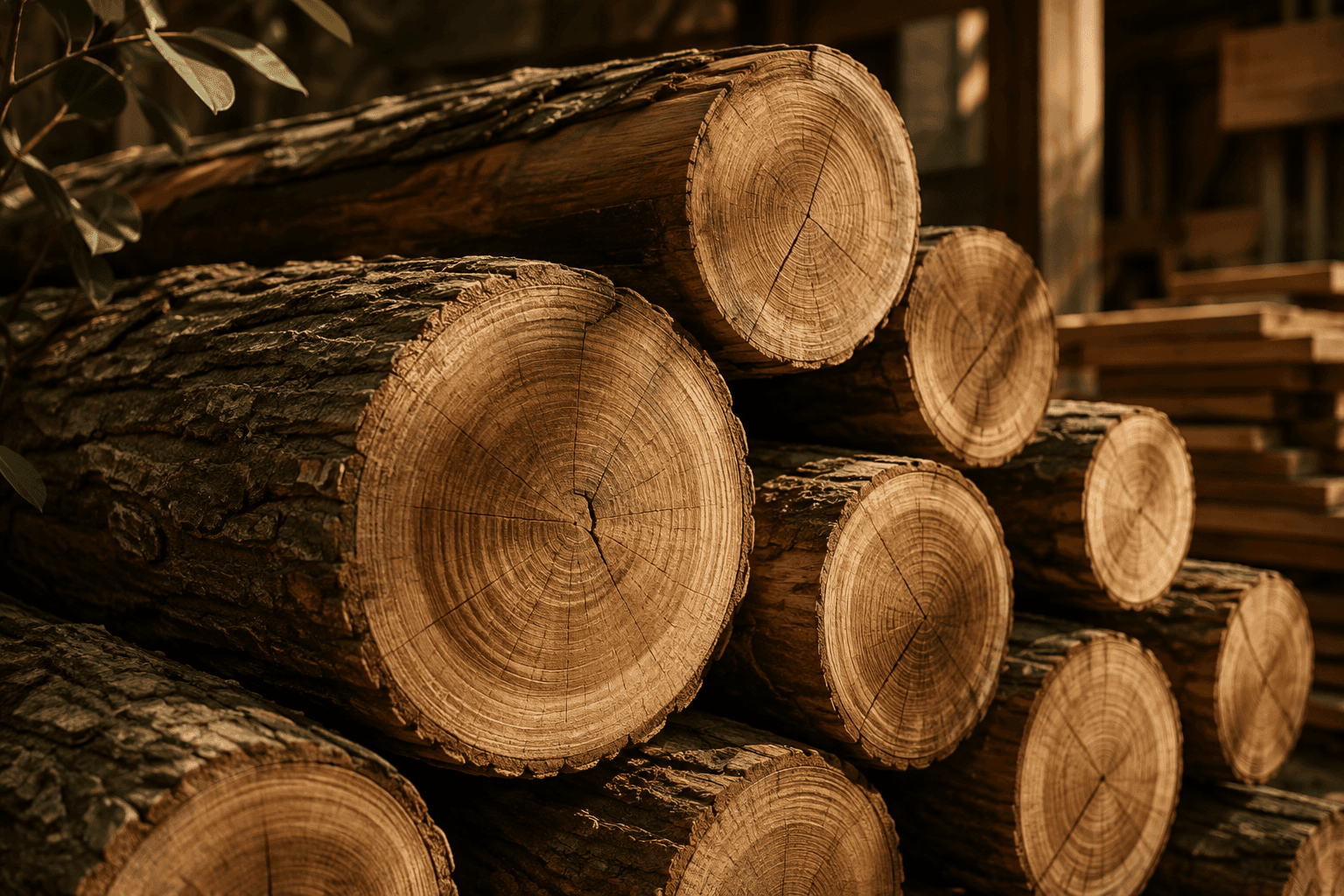 Stacked high-quality timber logs showing natural growth rings and bark in warm light
