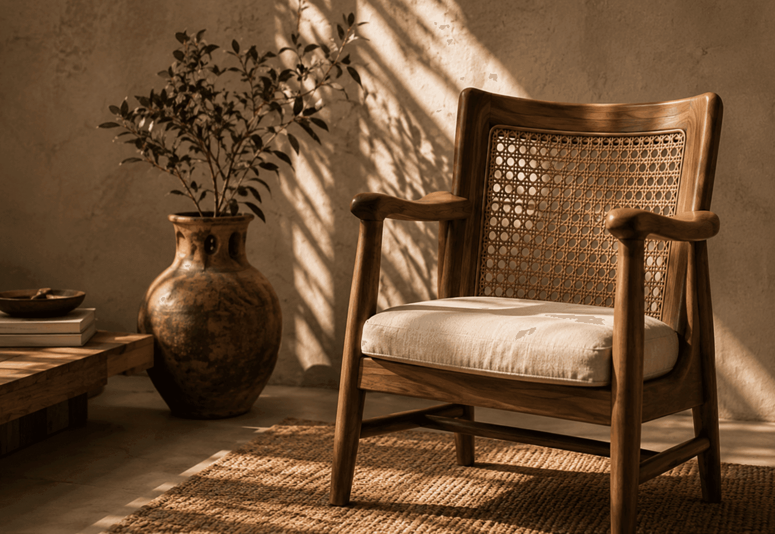 Warmly lit handcrafted wooden chair representing Chaaya's craftsmanship