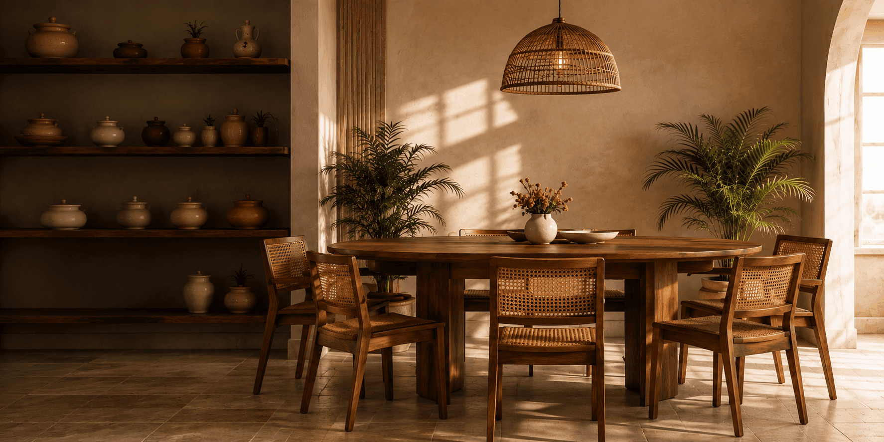 Round wooden dining table with cane-back chairs in a warm, sunlit home