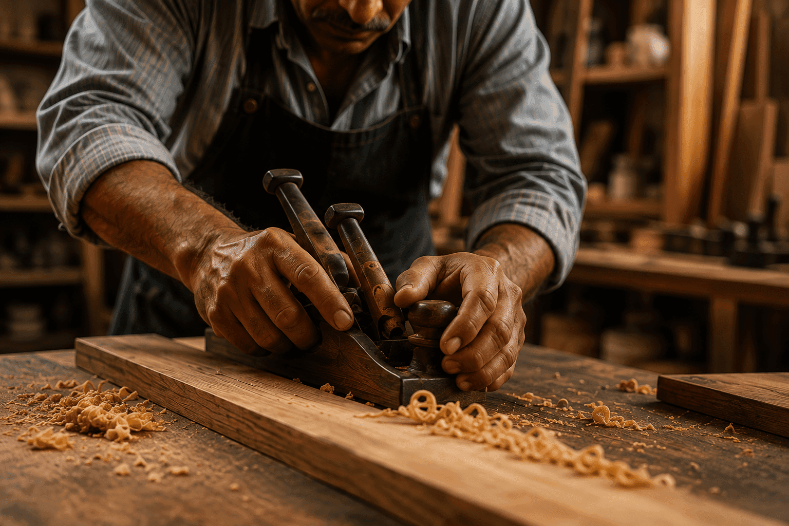 Artisan using a hand plane to smooth a wooden plank, with fresh shavings curling off the wood
