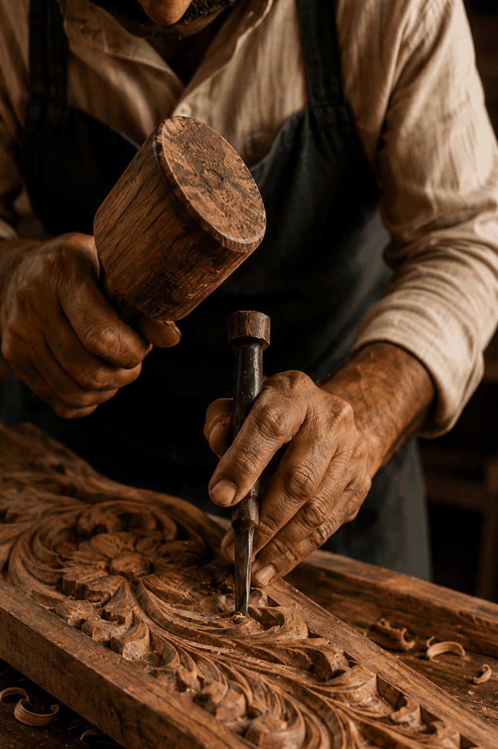 Artisan carving floral detail into dark wood with a mallet and chisel