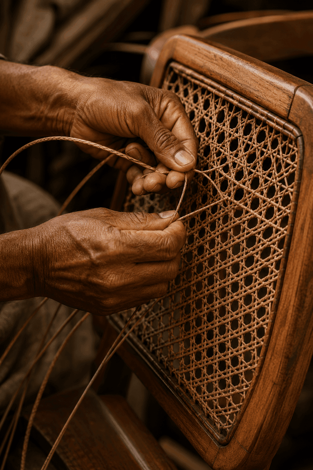 Artisan weaving cane into the back of a wooden chair