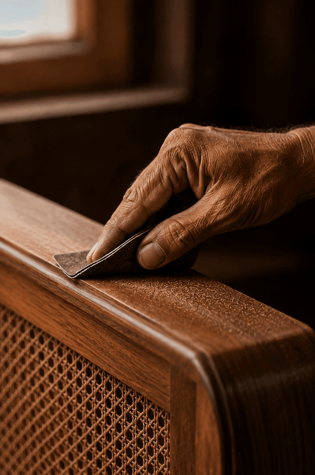 Artisan sanding a curved wooden chair frame with a woven cane back