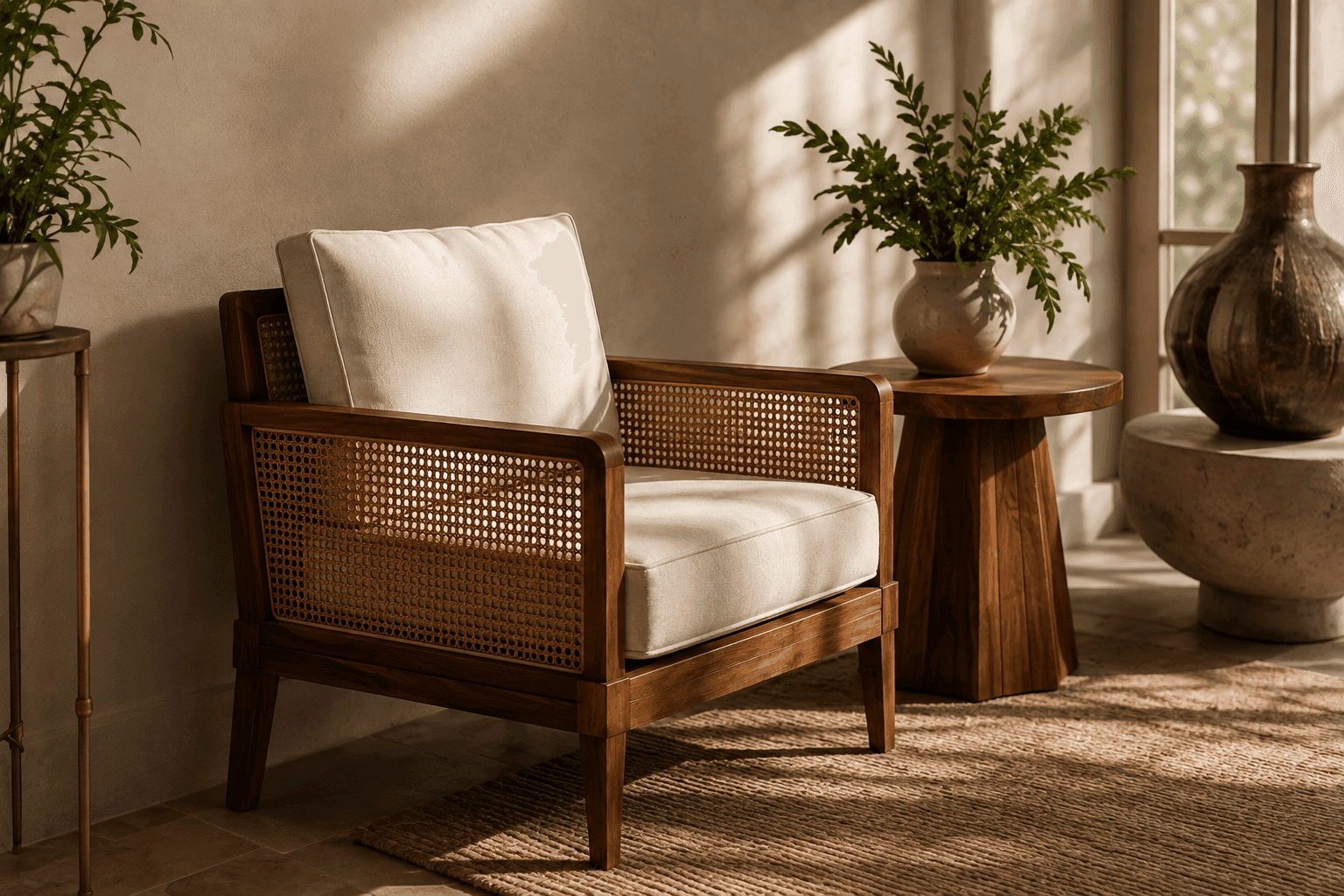 Handcrafted wooden armchair with cane webbing and cream cushions in a sunlit room