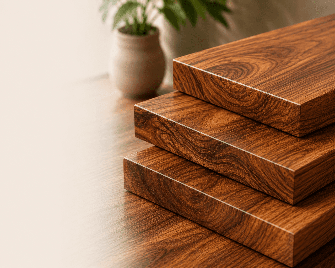 Stacked Sheesham wood planks with rich natural grain