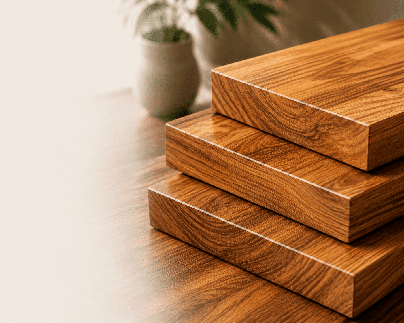 Stacked teak wood planks with golden grain